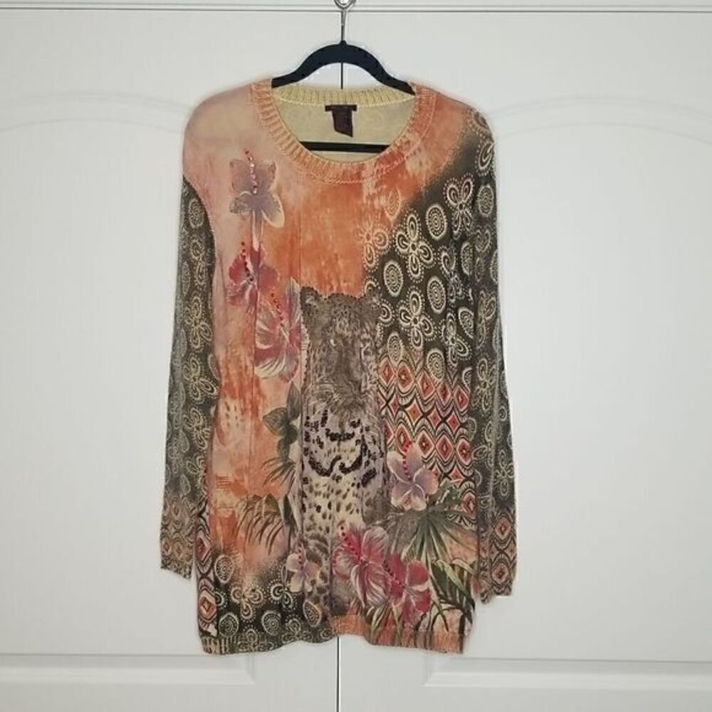 ALISON Sheri Embellished Exotic Tiger Tunic Knit Sweater